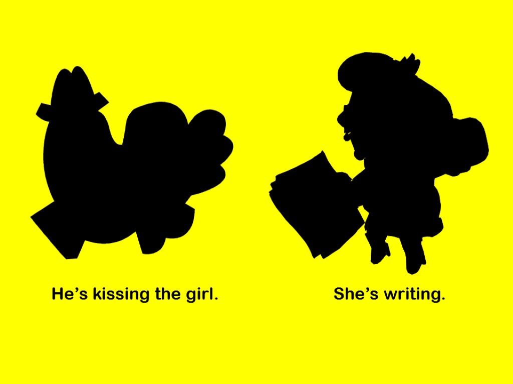 He’s kissing the girl. She’s writing.